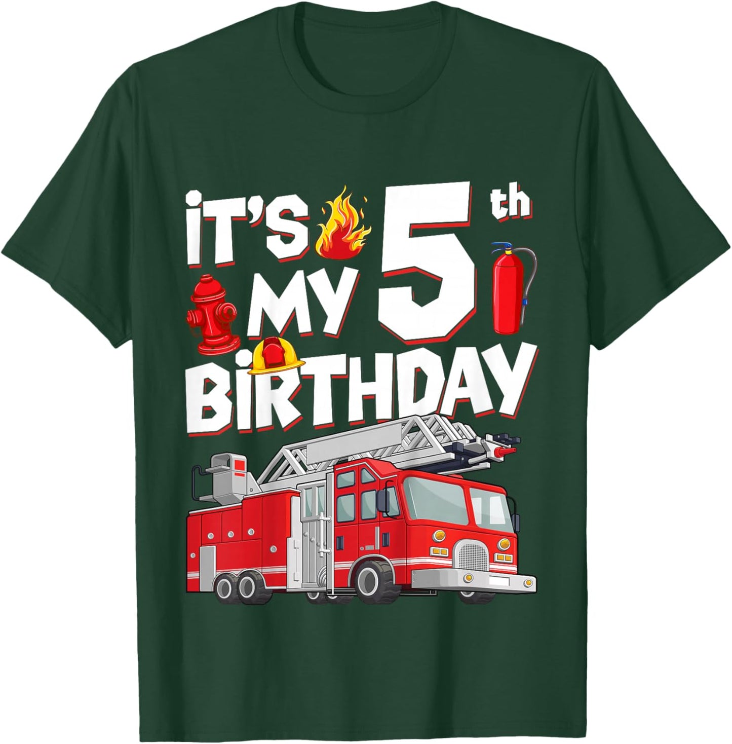 5th Birthday Boy Fire Truck 5 Years Old Toddler Firefighter T-Shirt - T-Shirt | Forest