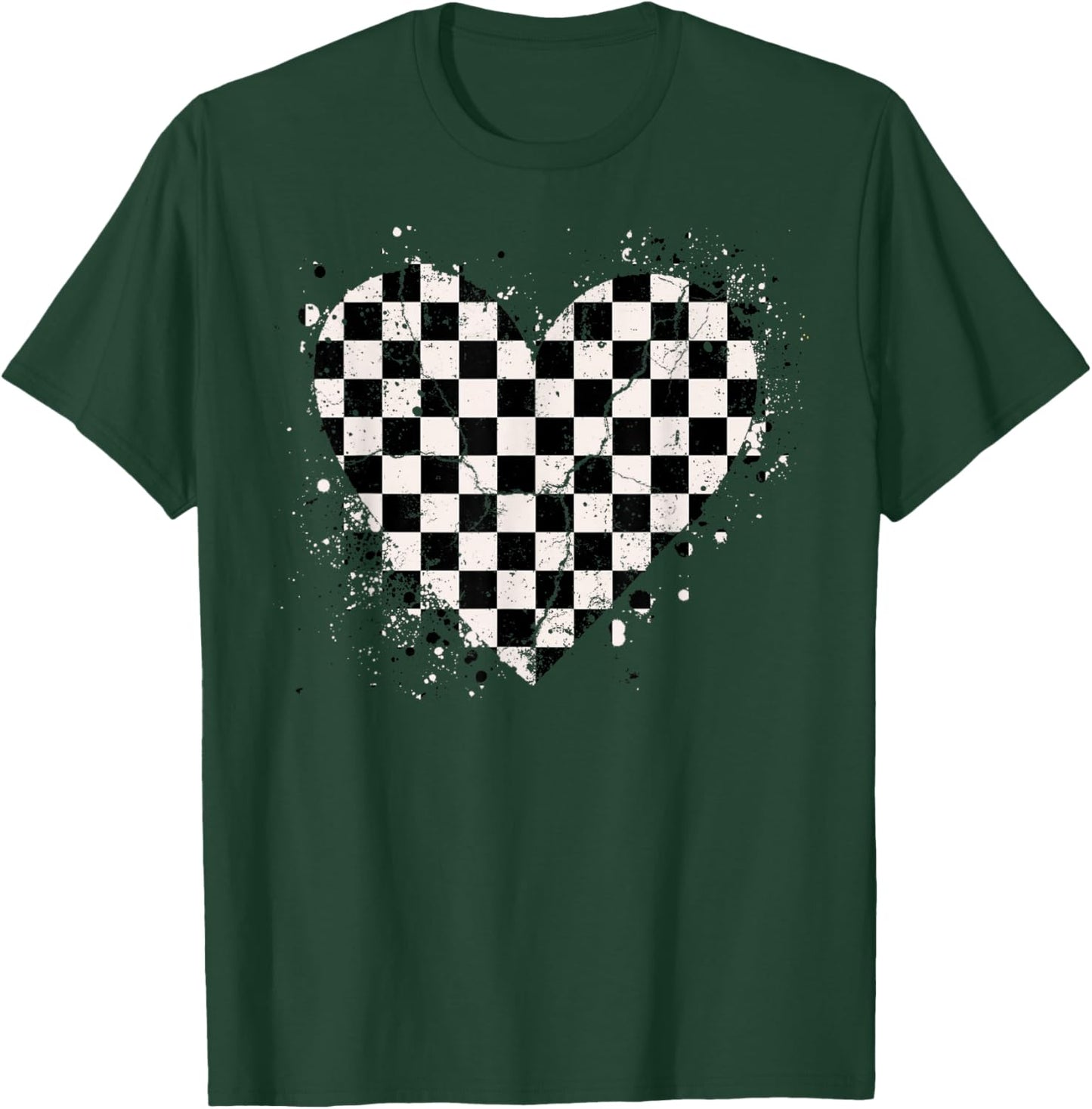 Checkered Love Heart Black White Retro Racing Matching T-Shirt - T-Shirt | Forest