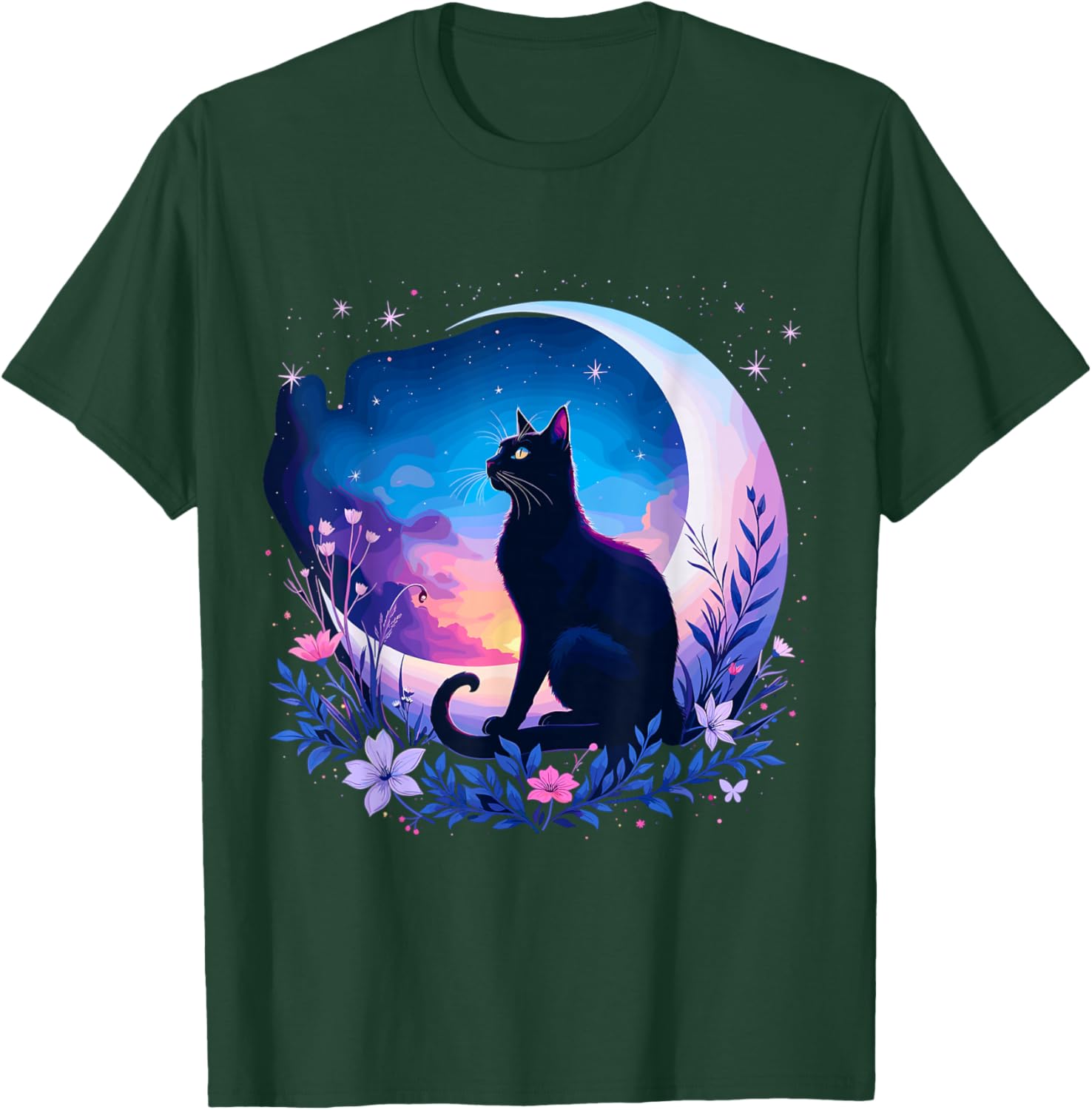 Cat Sitting Moon Celestial Night T-Shirt - T-Shirt | Forest