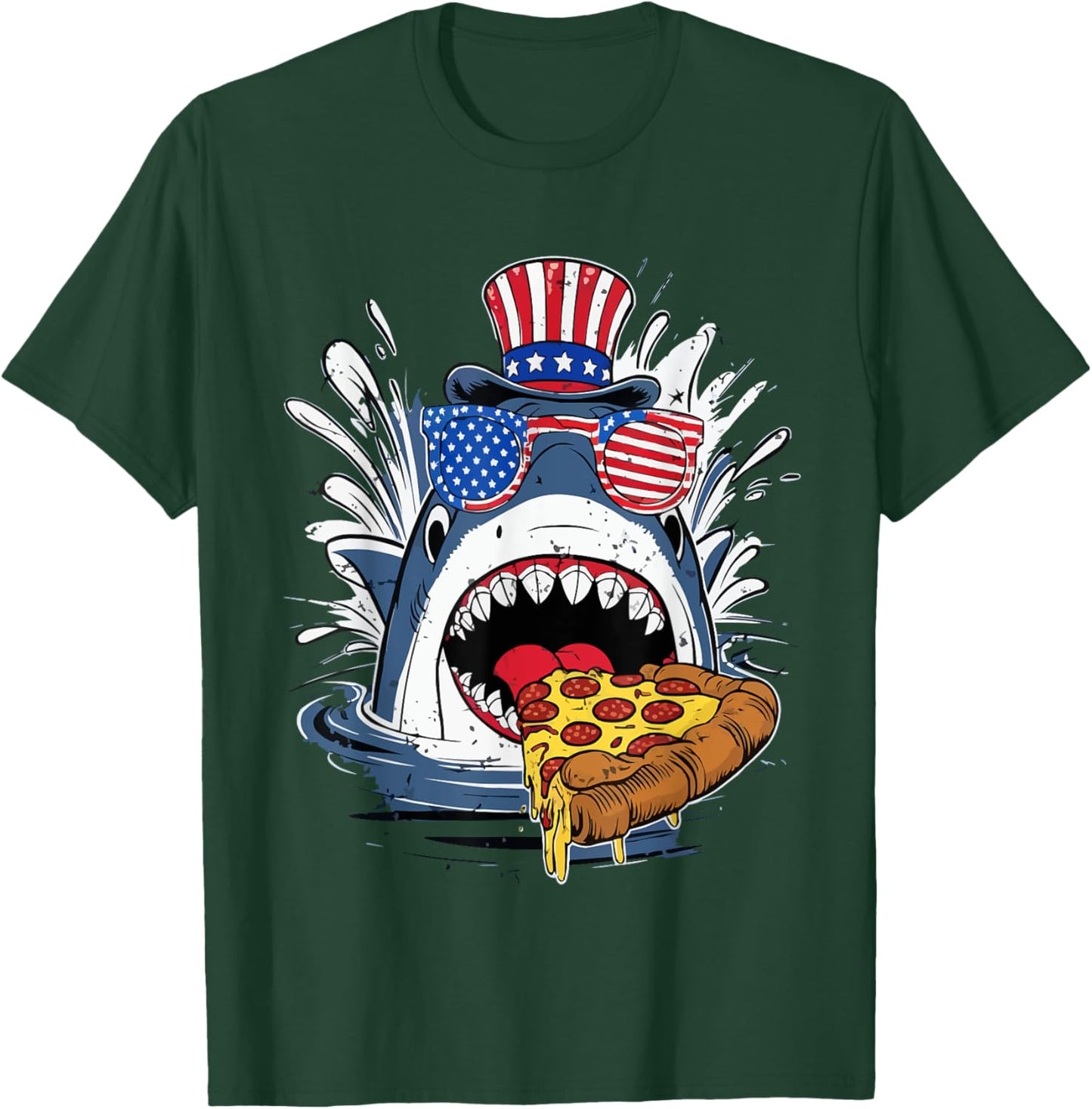 funny Shark Eating Pizza 4th of july shark glasses usa flag Kids Men T-Shirt - T-Shirt | Forest