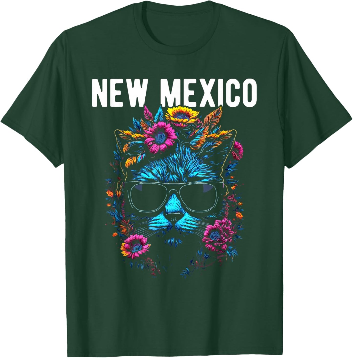 New Mexico USA Cat Wearing Sunglasses and Flowers Design T-Shirt - T-Shirt | Forest