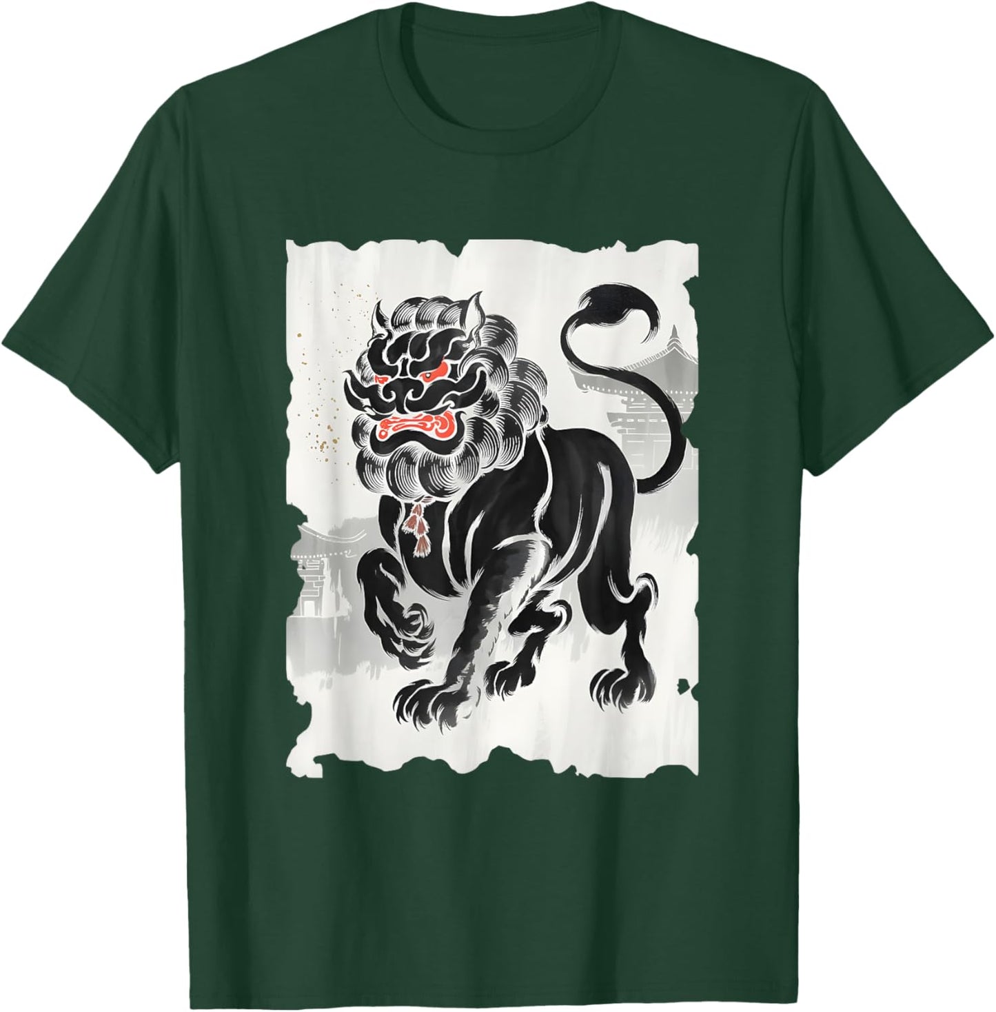 Komainu Sumi-e Graphic - Vintage Japanese Art Lion-Dog T-Shirt - T-Shirt | Forest