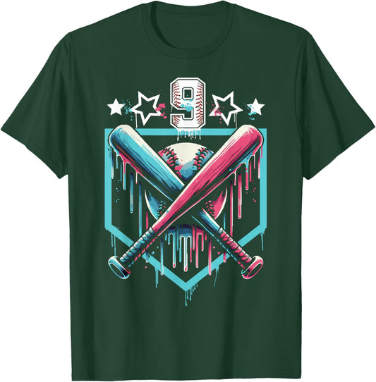 Baseball Drip 9th Birthday Boys Number 9 Youth 9 Year Old T-Shirt - T-Shirt | Forest