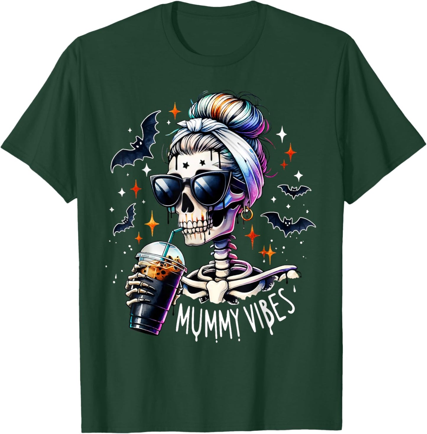 Mummy Vibes Skeleton Coffee Mom Spooky Season Halloween T-Shirt - T-Shirt | Forest