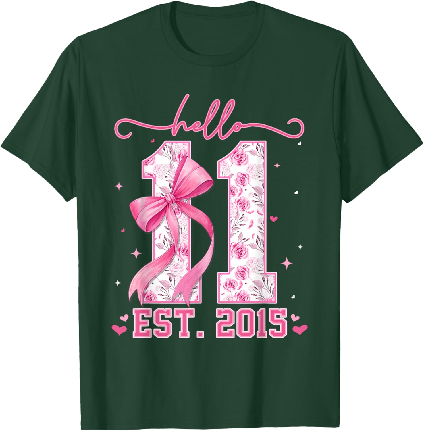Hello Eleven Est 2015 Pink Coquette Bow 11th Birthday Girls T-Shirt - T-Shirt | Forest