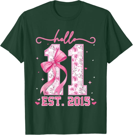 Hello Eleven Est 2015 Pink Coquette Bow 11th Birthday Girls T-Shirt - T-Shirt | Forest