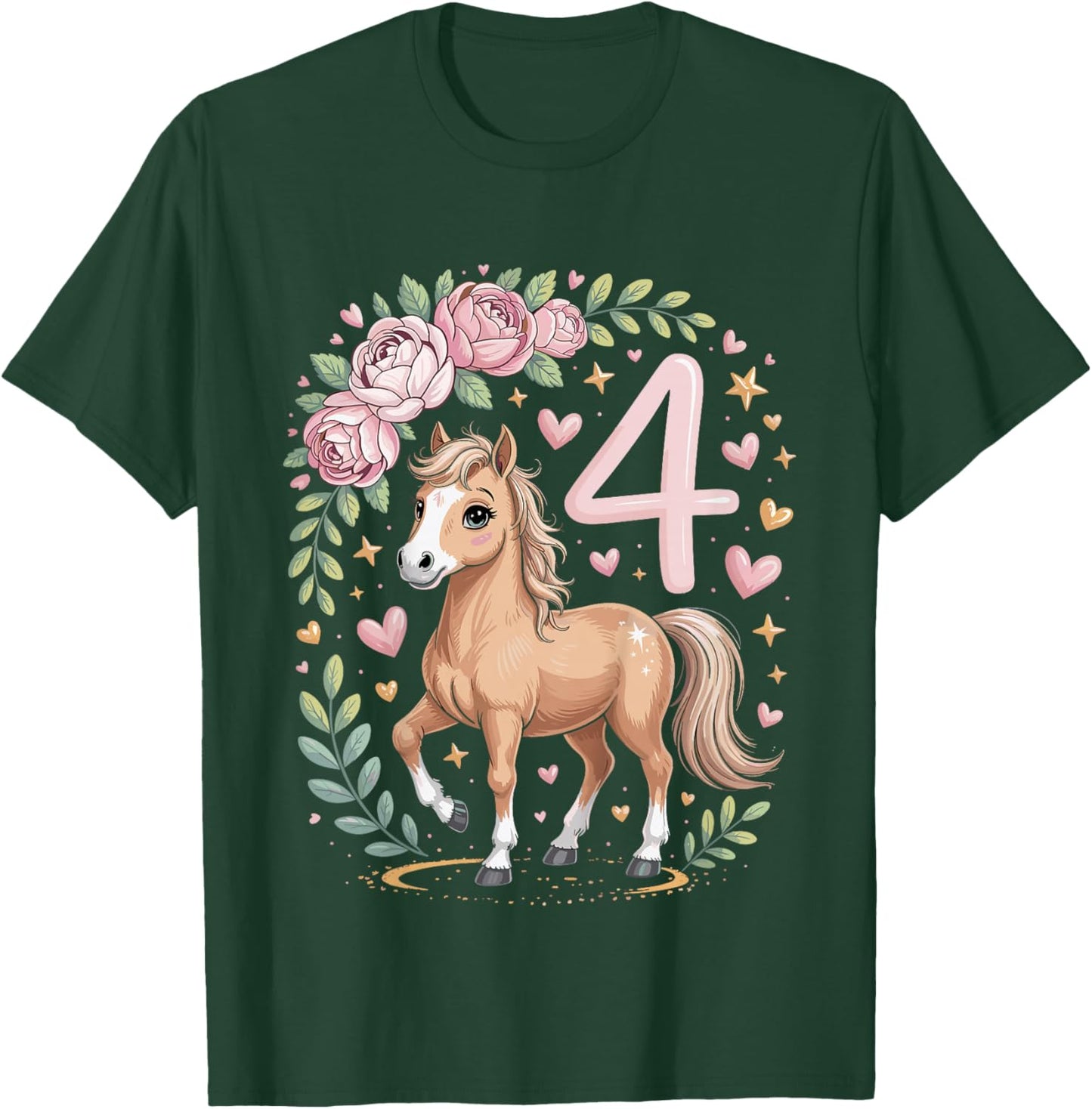 4th Birthday Horse Girl 4 Years Horse Decoration Riding Pony T-Shirt - T-Shirt | Forest