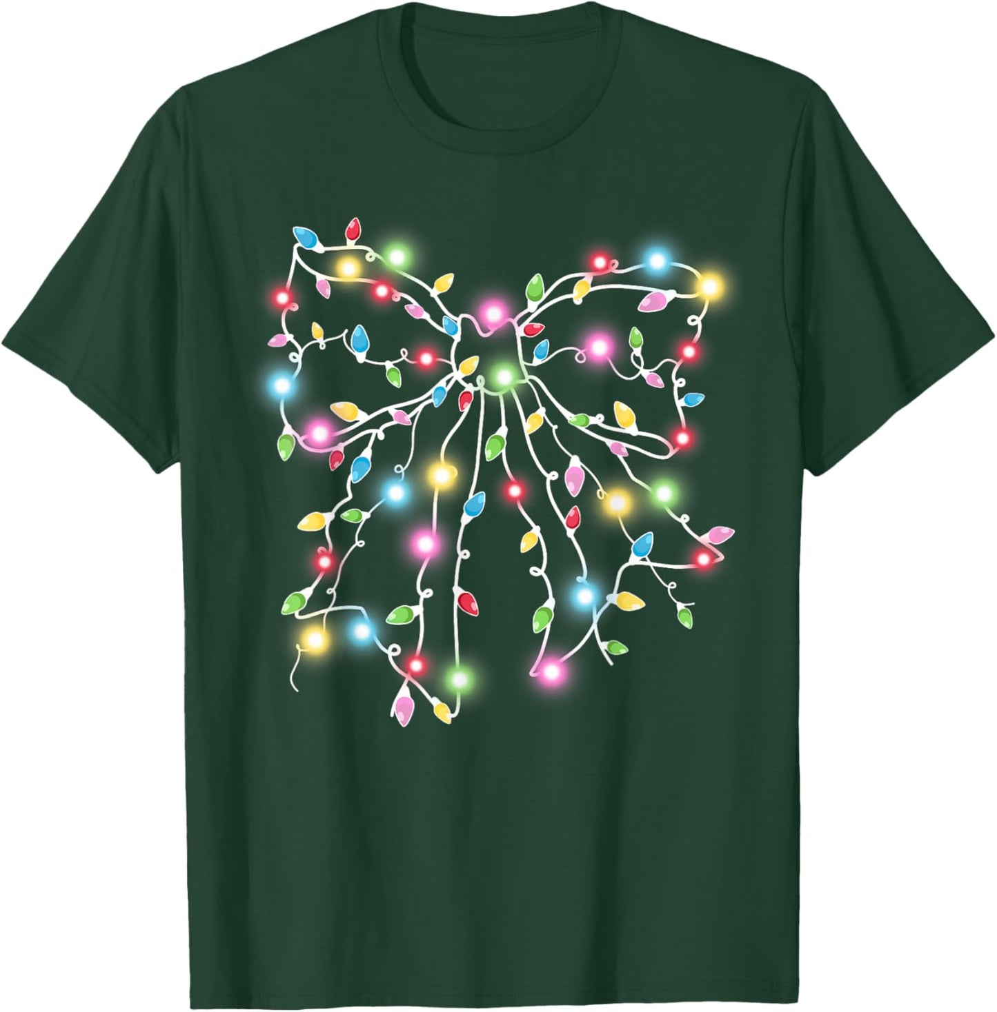 Colorful Christmas Lights Coquette Bow Holiday Women Girls T-Shirt - T-Shirt | Forest