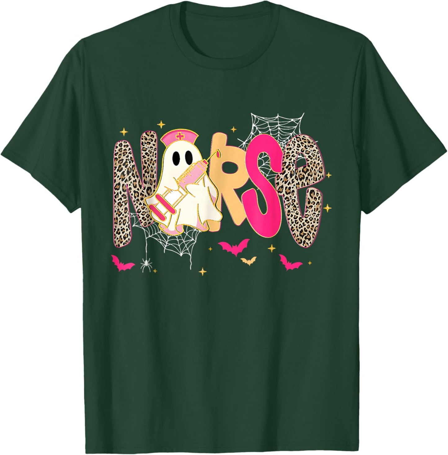 Leopard Spooky Nurse Halloween Fall Ghost Boo Funny Nursing T-Shirt - T-Shirt | Forest