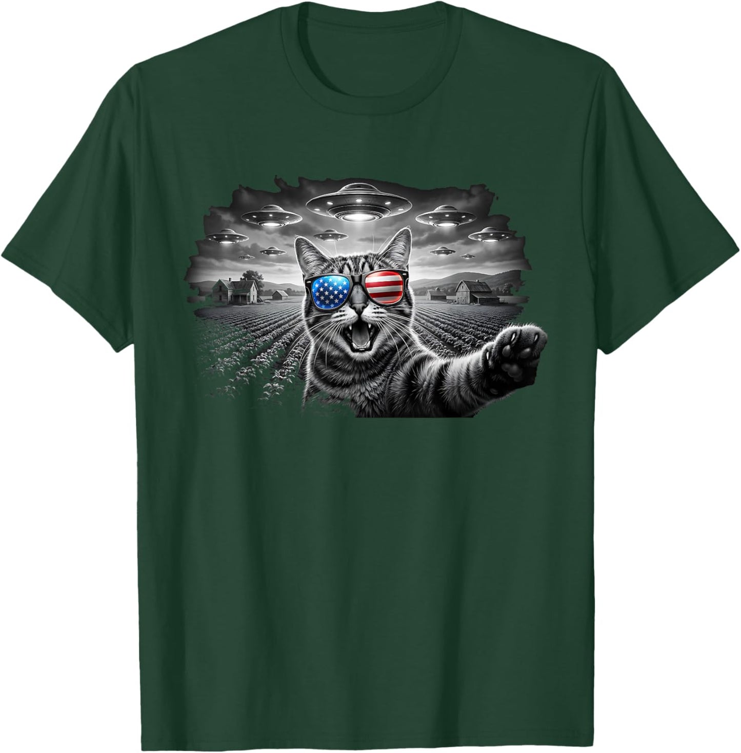 4th of July Cat Selfie with Alien UFO USA Flag Sunglasses T-Shirt - T-Shirt | Forest
