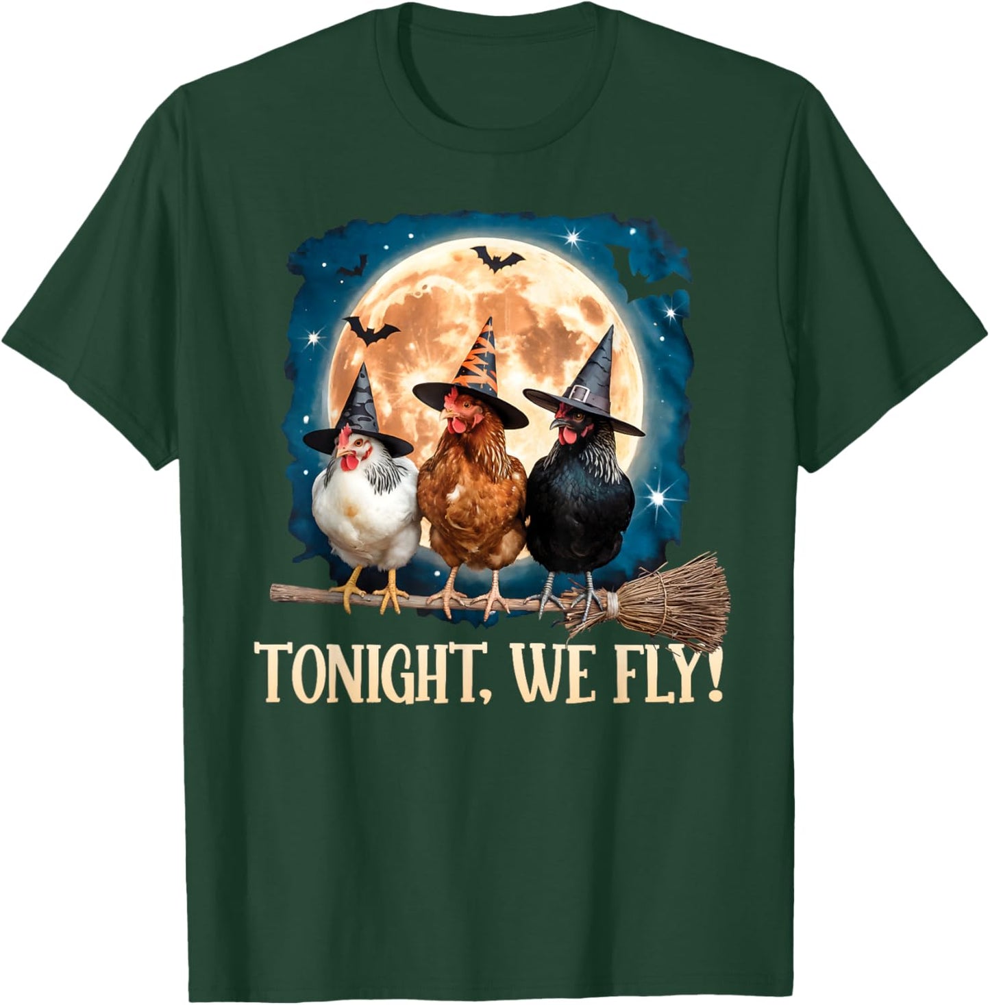 Tonight We Fly Moon Bat Funny Spooky Chicken Witch Halloween T-Shirt - T-Shirt | Forest