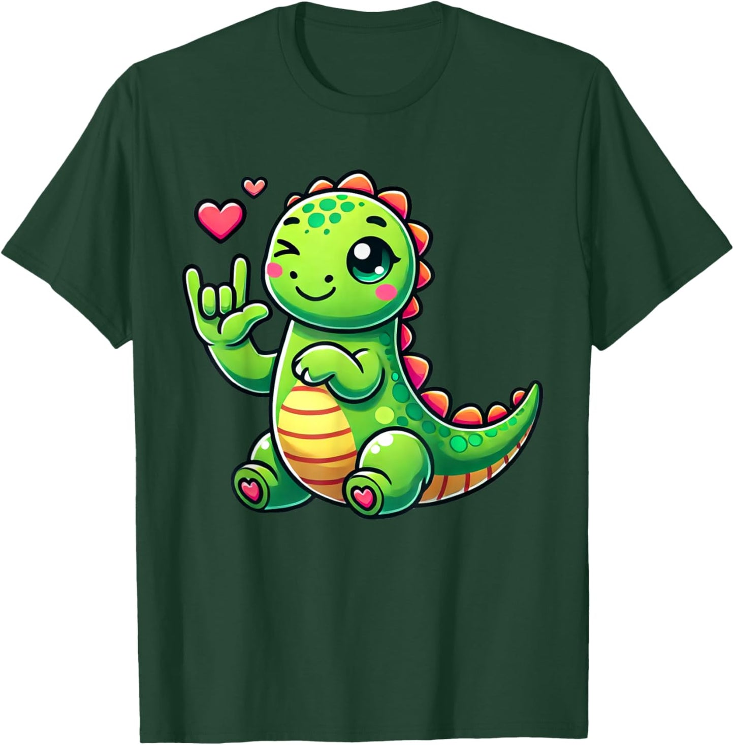 Cute Dinosaur Love You Hand Sign Language ASL T-Shirt - T-Shirt | Forest