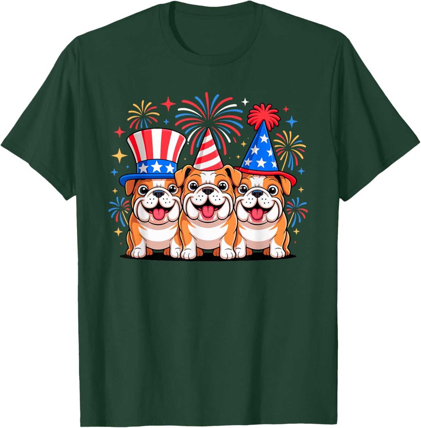 Fourth of July Bulldog Trio Patriotic Fireworks T-Shirt - T-Shirt | Forest