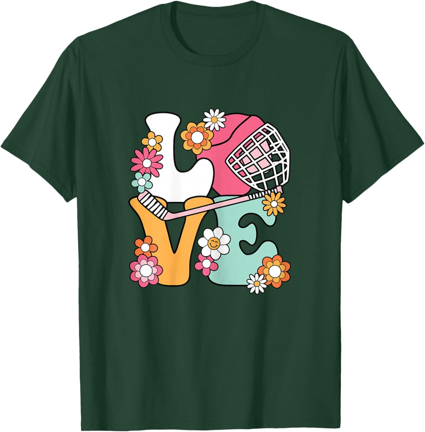 Groovy Hockey Love Ice Hockey Lover Women Girls Cute Hockey T-Shirt - T-Shirt | Forest