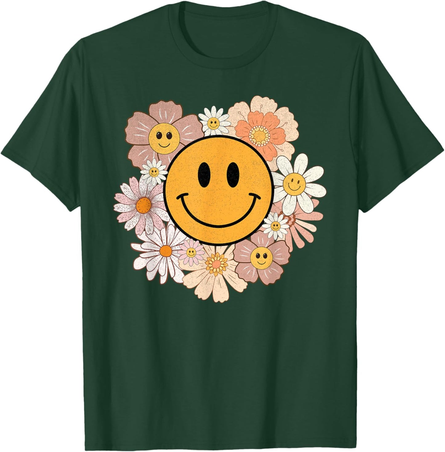 Retro Groovy Smile Happy Face Cute Hippie Flowers 70s T-Shirt - T-Shirt | Forest
