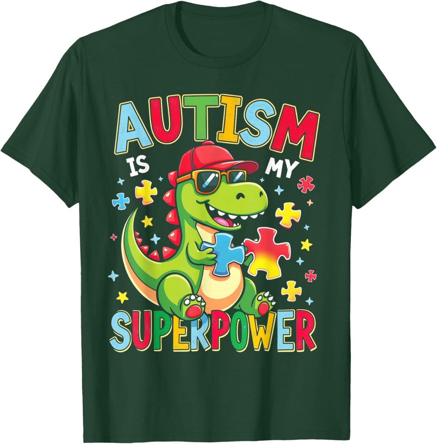 Autism Is My Superpower Autism Awareness Dinosaur Boys Kids T-Shirt - T-Shirt | Forest
