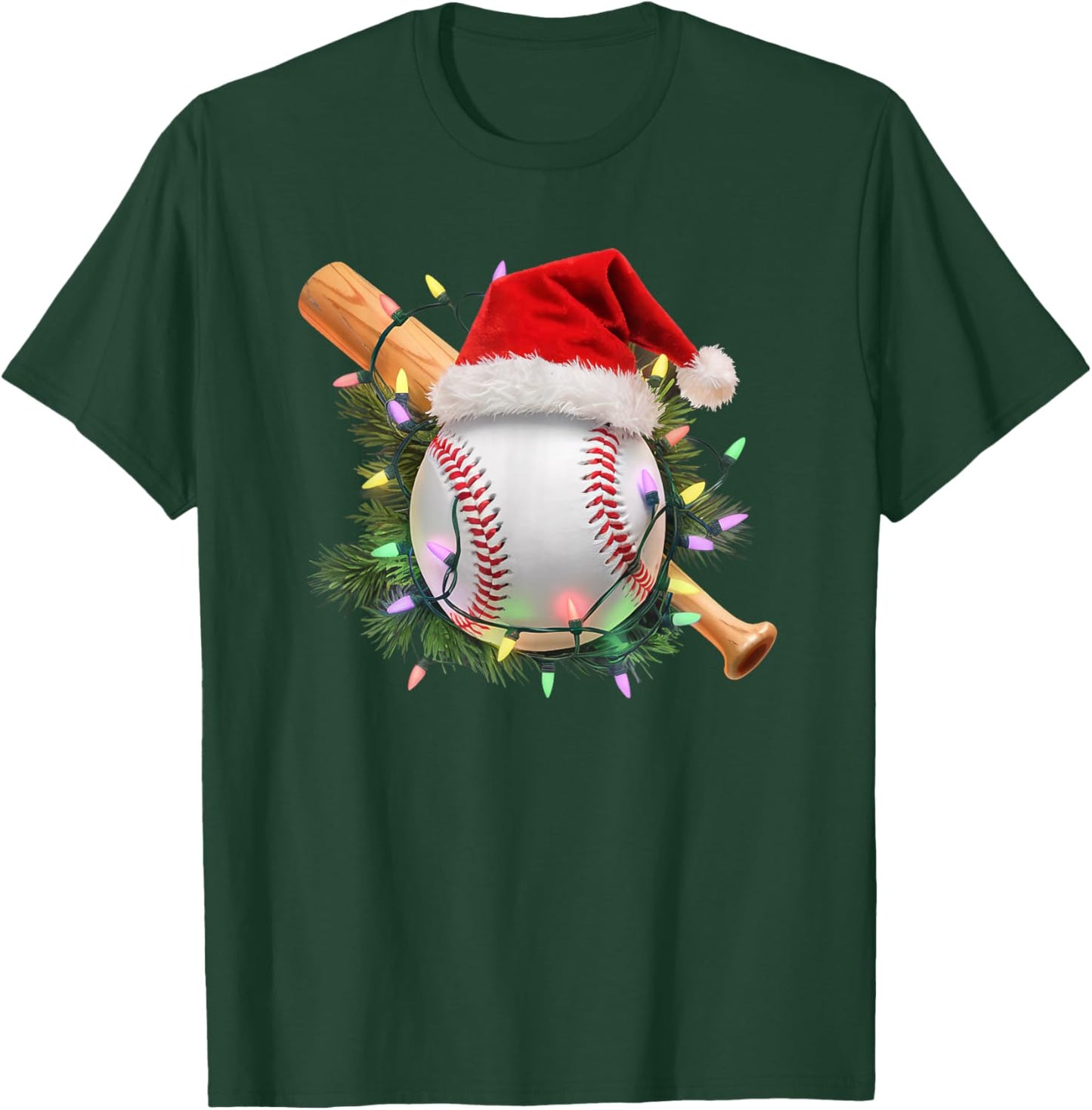 Christmas Baseball Santa Hat Holiday Lights Sports Fans T-Shirt - T-Shirt | Forest