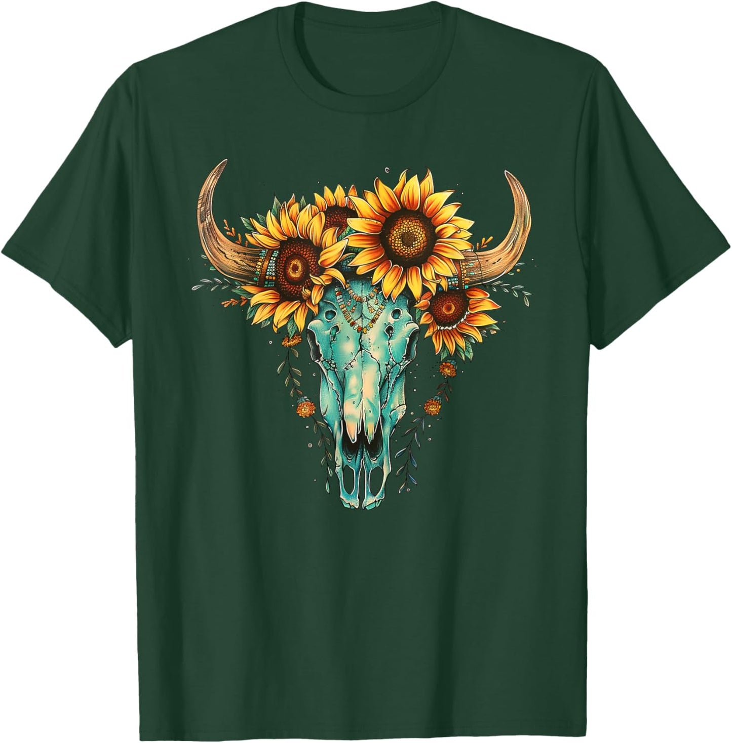 Vintage Boho Skull Western Sunflower Turquoise Bull Skull T-Shirt - T-Shirt | Forest