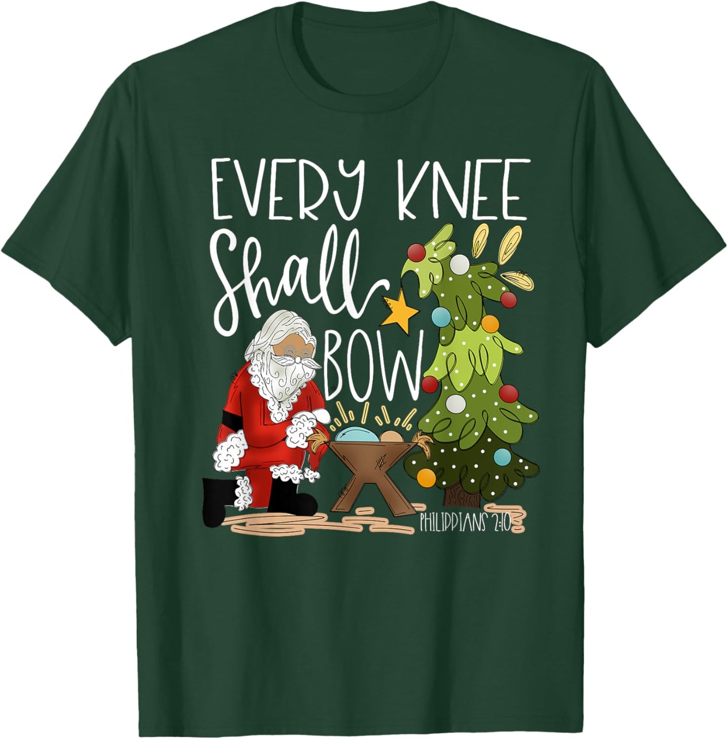Retro Every Knee Shall Bow Santa Clause Religious Christmas T-Shirt - T-Shirt | Forest