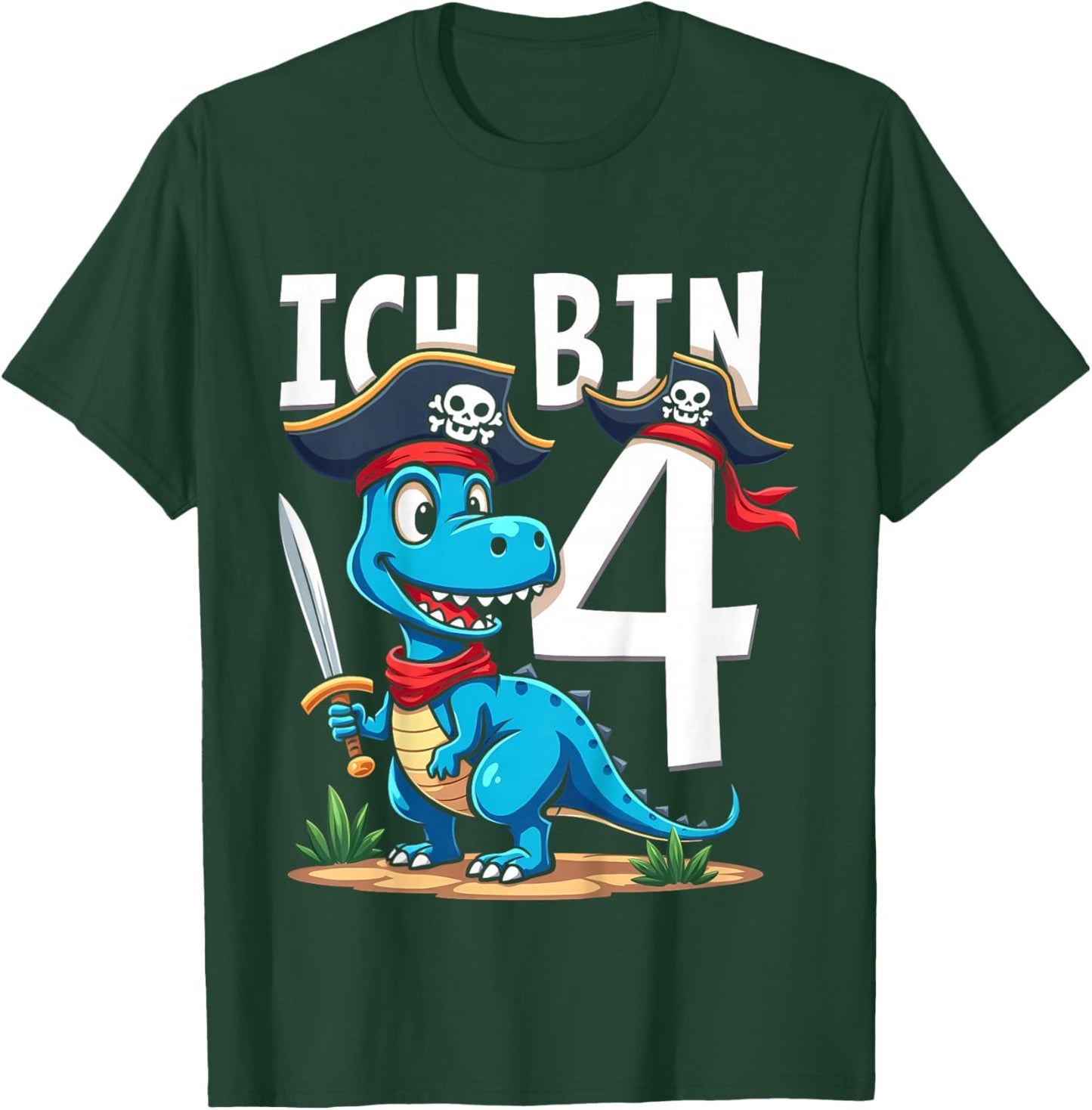 Children's 4th Birthday Pirate Decoration 4 Years Boy Outfit Pirate Dino , black T-Shirt - T-Shirt | Forest