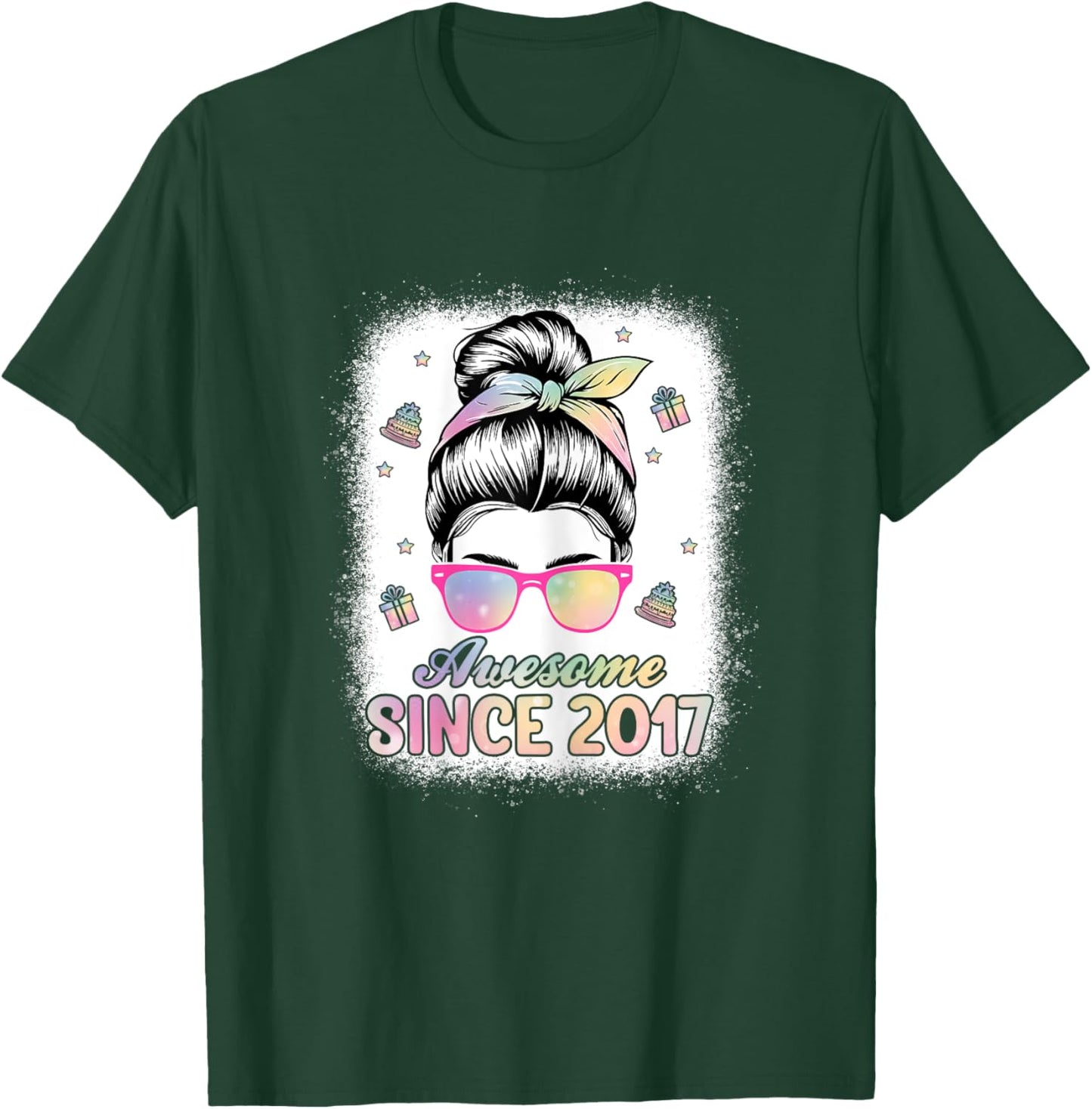 Awesome Since 2017 Messy Bun Hair 8th Birthday Party Girls T-Shirt - T-Shirt | Forest