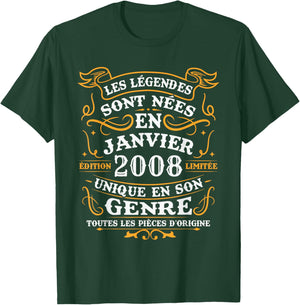 Vintage Birthday Gift 18 Years Born in January 2008 T-Shirt - T-Shirt | Forest