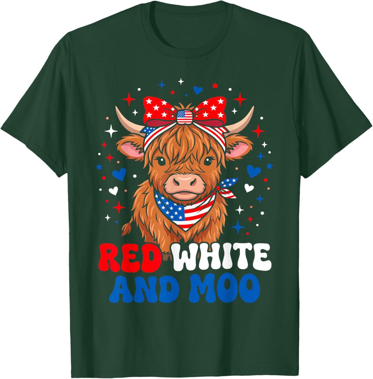 Red White and Moo Cute Patriotic Fluffy Cow 4th of July T-Shirt - T-Shirt | Forest