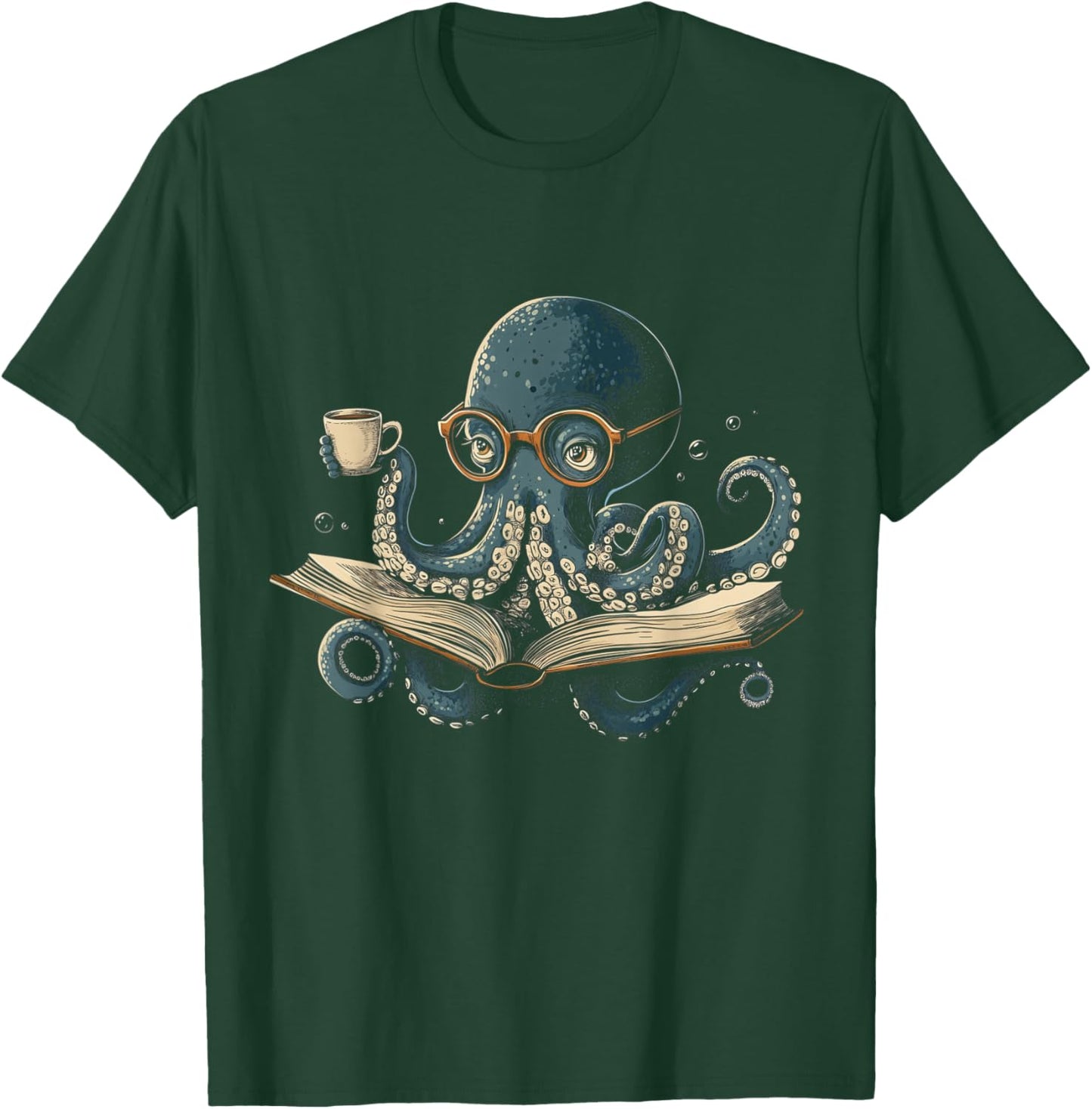 Octopus Reading Book Coffee Funny Book Lover Bookworm Nerd T-Shirt - T-Shirt | Forest