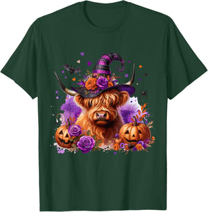Halloween Highland Cow Pumpkin Witchy Bat T-Shirt - T-Shirt | Forest