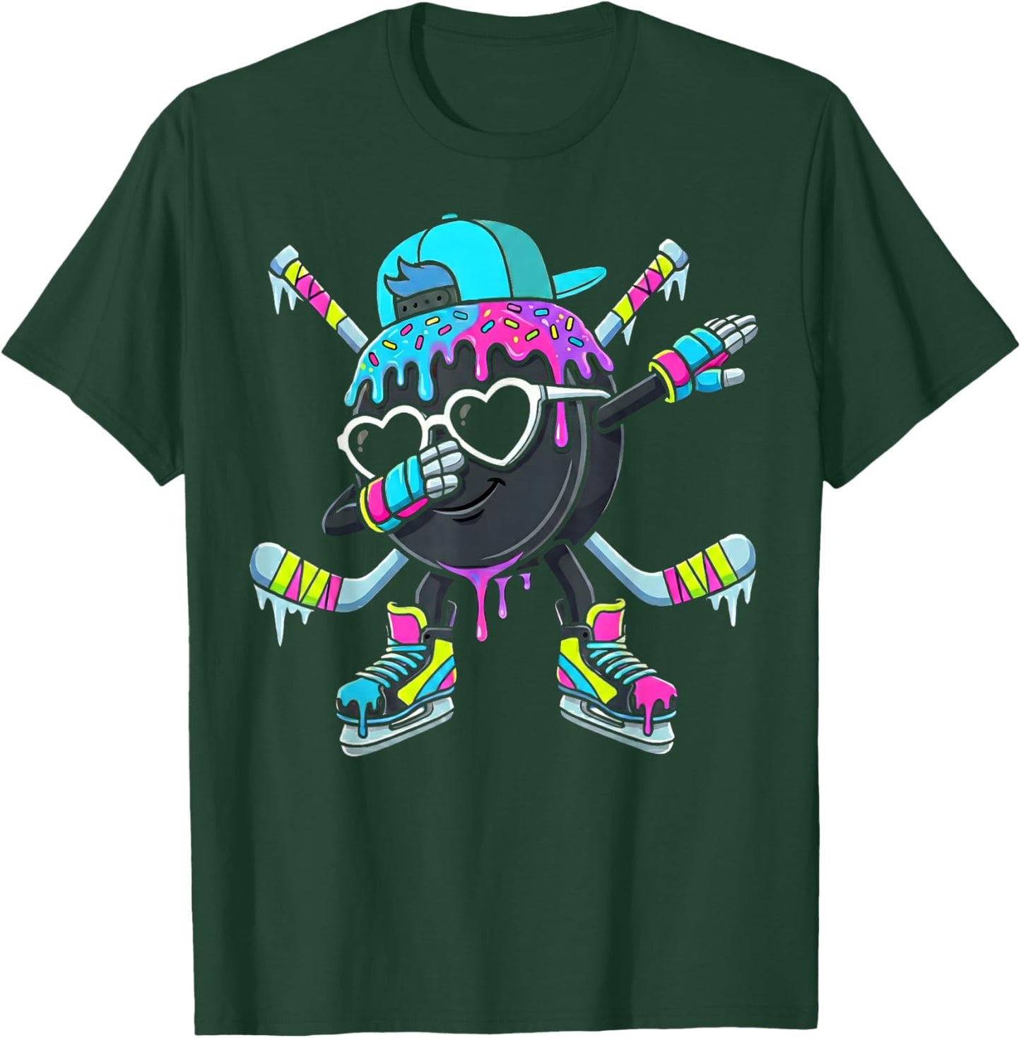 Hockey Ice Cream Drip Dabbing Puck Stakes Sprinkles for Boys T-Shirt - T-Shirt | Forest