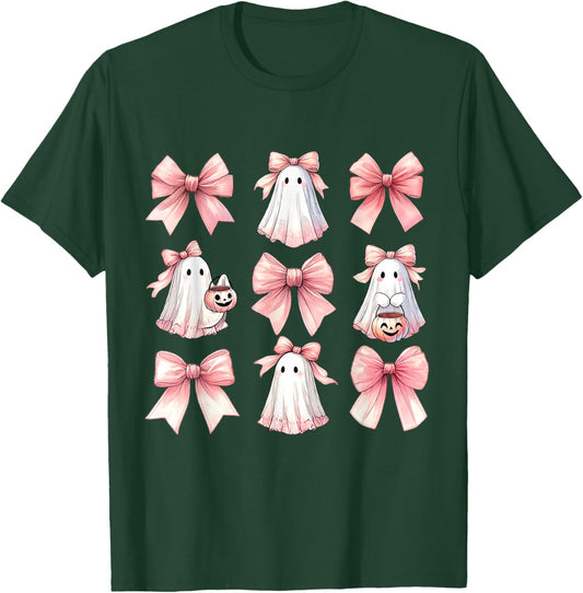Cute Ghost Florals Pink Coquette Bows Pumpkins Halloween T-Shirt - T-Shirt | Forest