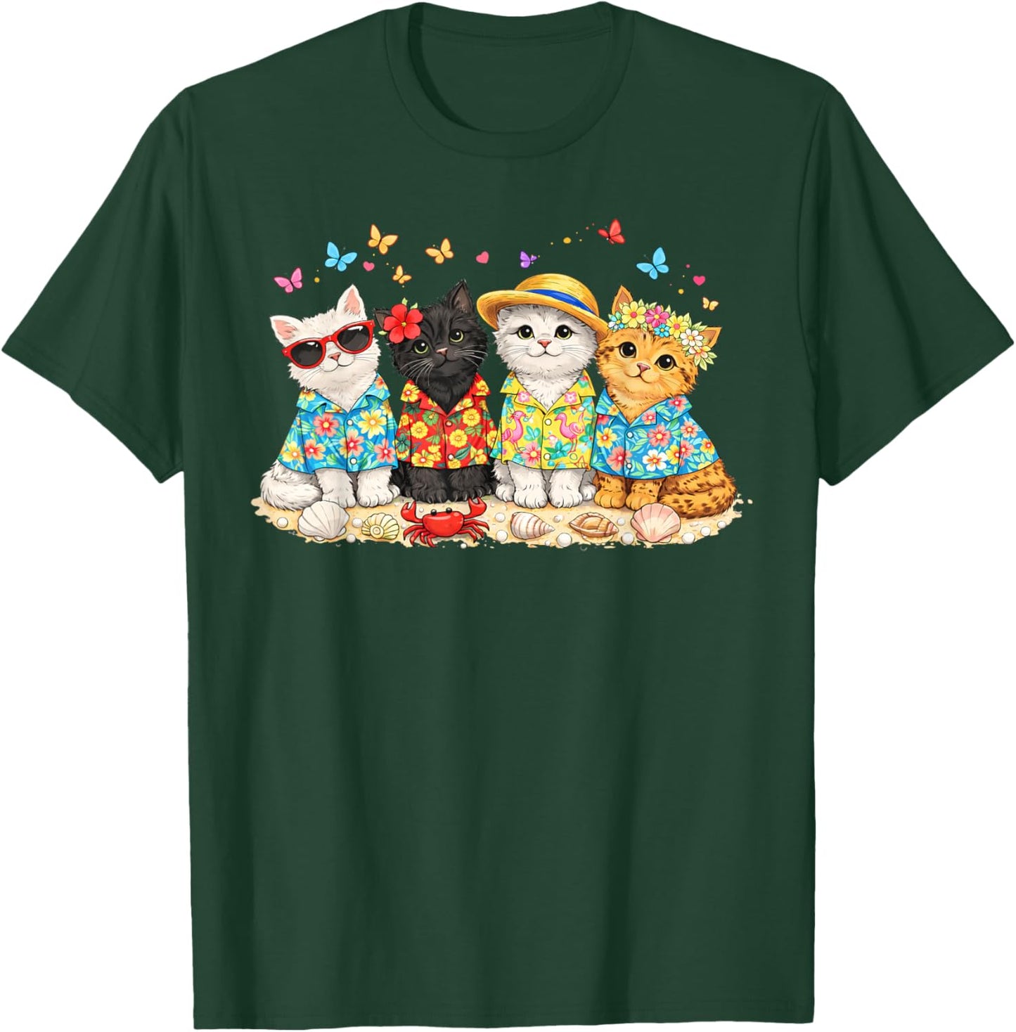 Hello Summer Beach Cats Hawaiian Aloha Cute Kitten Cat Lover T-Shirt - T-Shirt | Forest