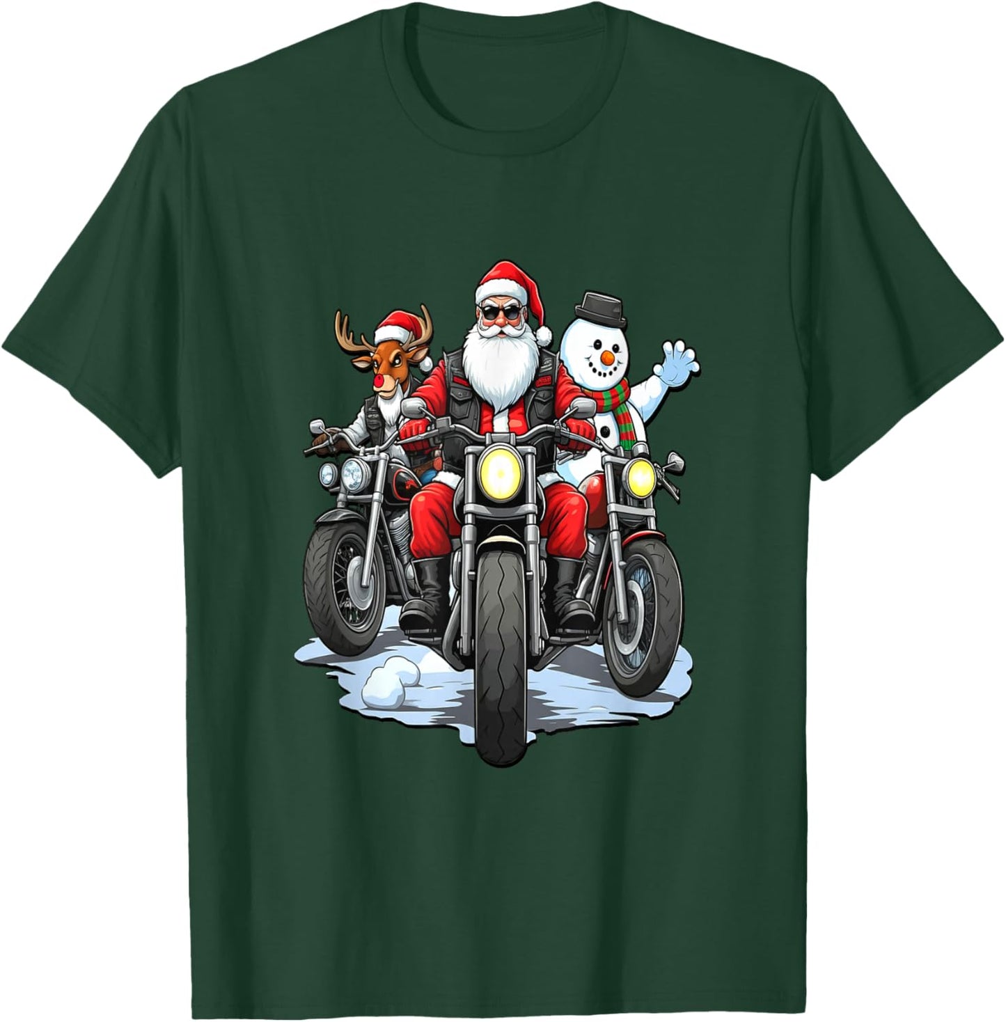 Santa, Reindeer & Snowman Bikers on Motorcycles T-Shirt - T-Shirt | Forest