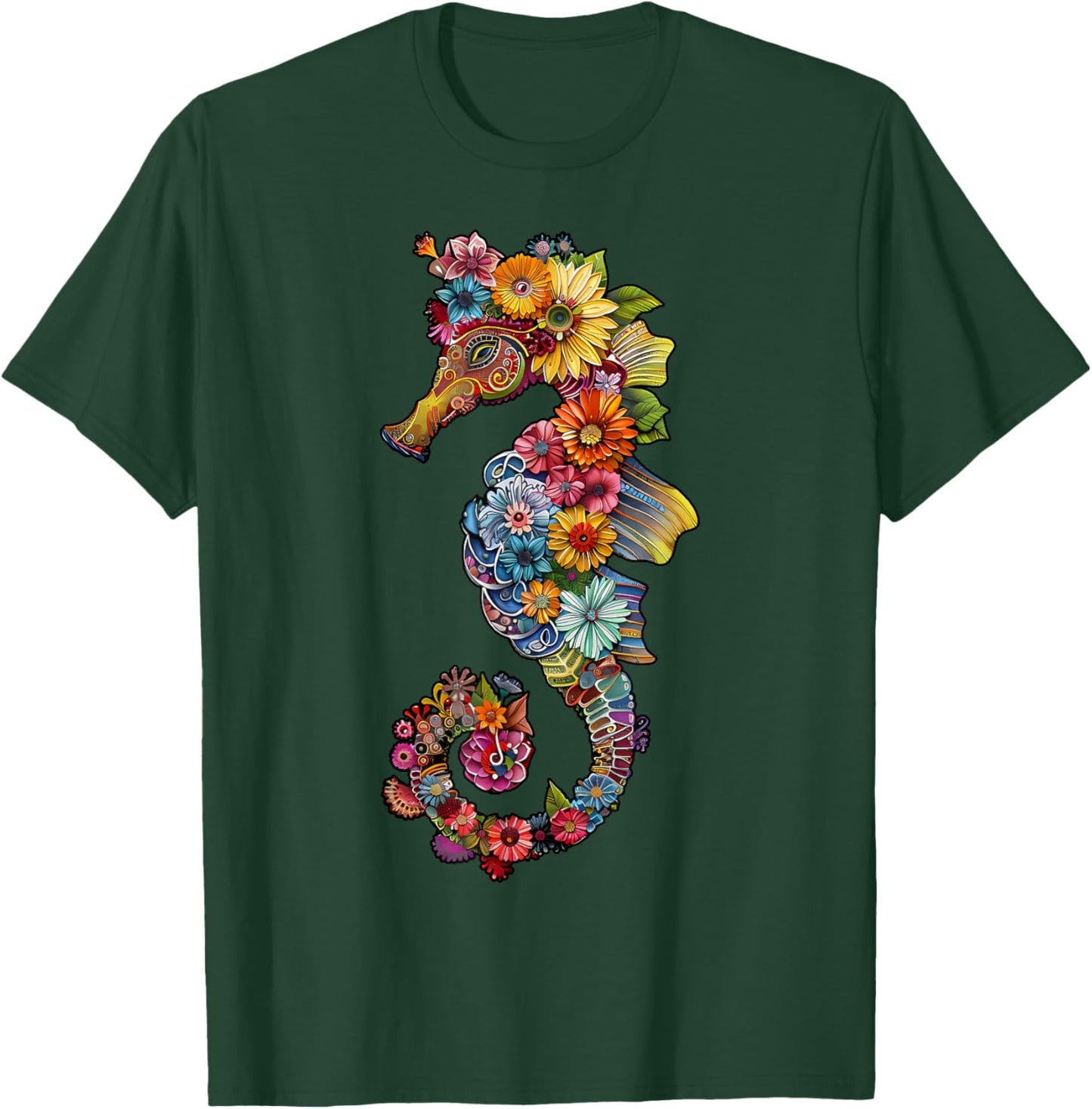 Floral Seahorse Ocean Animal Marine Beach Seahorse Flowers T-Shirt - T-Shirt | Forest