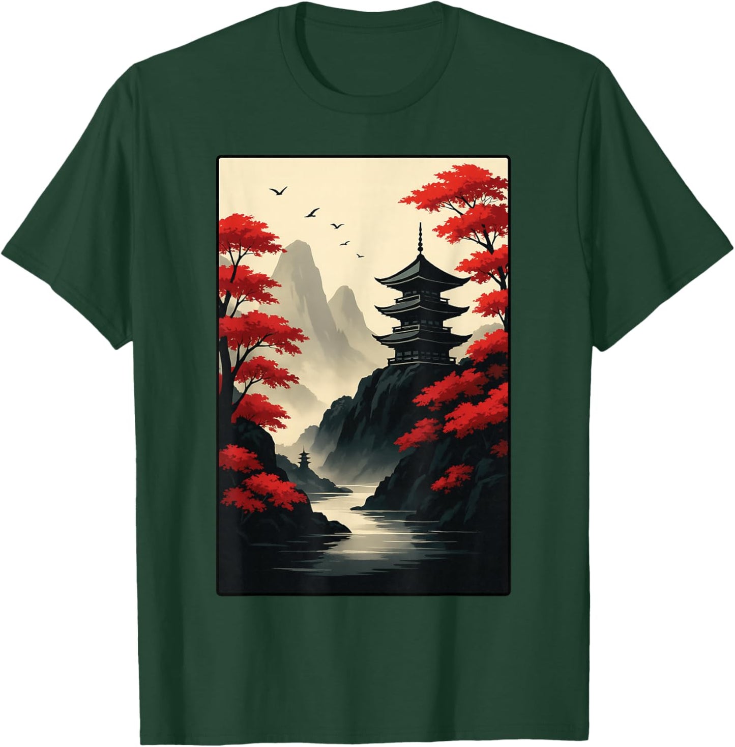 Cool Japanese Pagoda Castle Mountain Landscape Graphic Art T-Shirt - T-Shirt | Forest