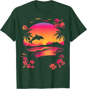 Tropical Sunset Dolphin Pink Beach Scene T-Shirt - T-Shirt | Forest
