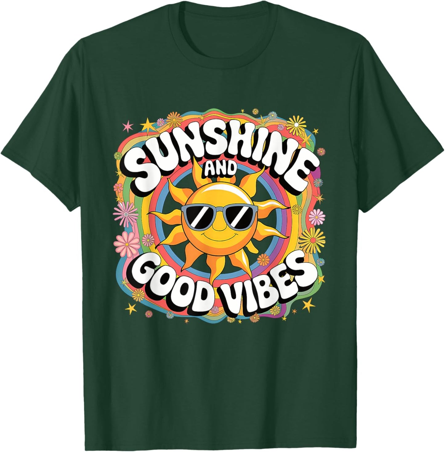 Retro Sunshine Summer 70s Aesthetic Sunflower Rainbow Boho T-Shirt - T-Shirt | Forest