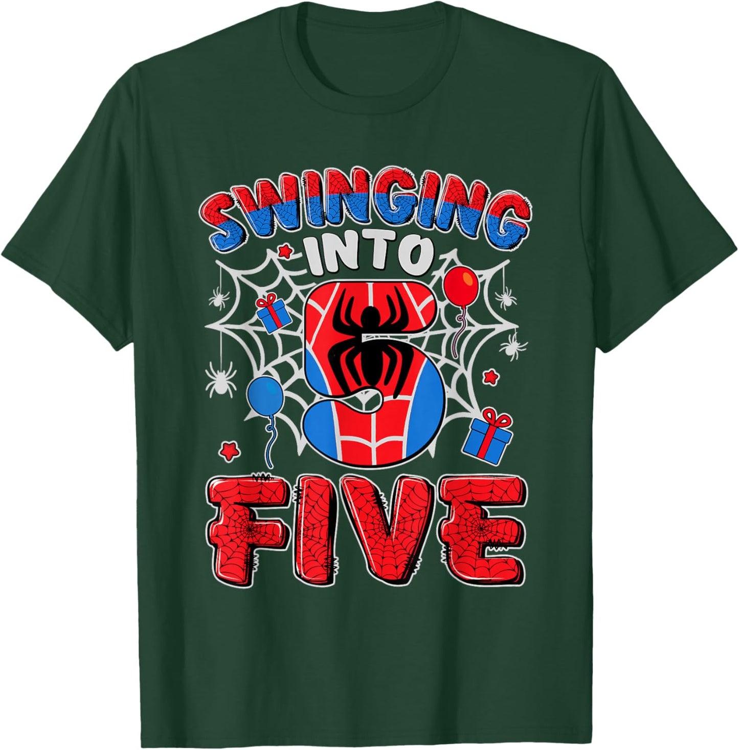 Funny Swinging Into Five 5th Boy Spiders Birthday 5 Year Old T-Shirt - T-Shirt | Forest