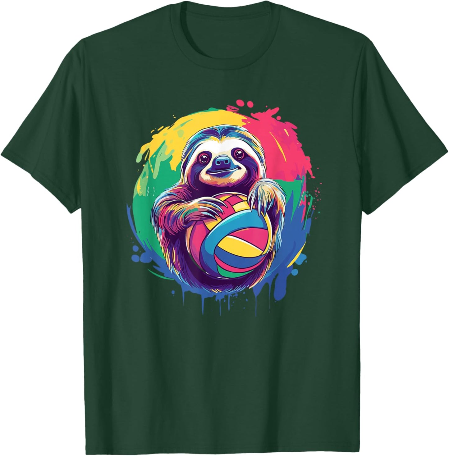 Playful Sloth Holding Volleyball Colors T-Shirt - T-Shirt | Forest