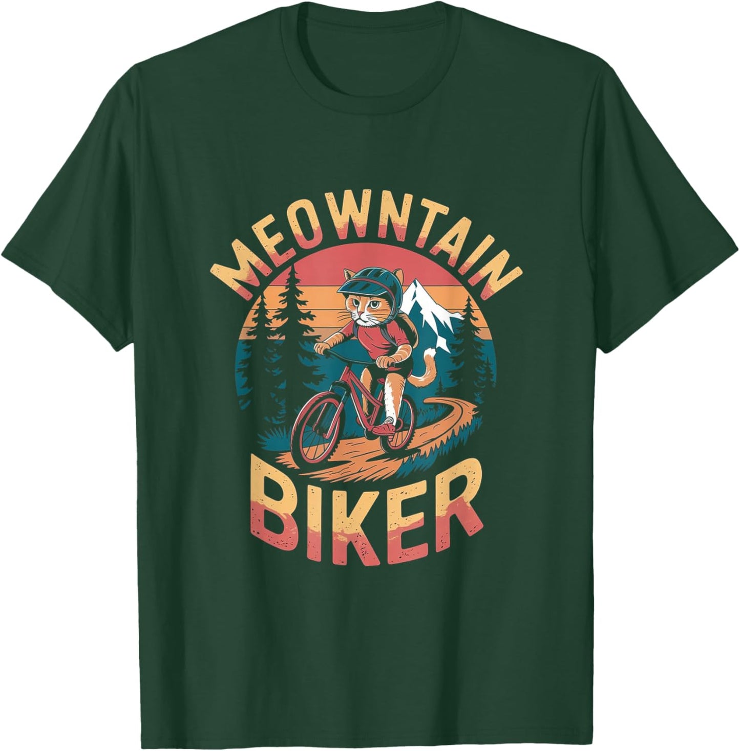 Retro Mountain Biker Pun - Funny Mountain Biking Cat T-Shirt - T-Shirt | Forest