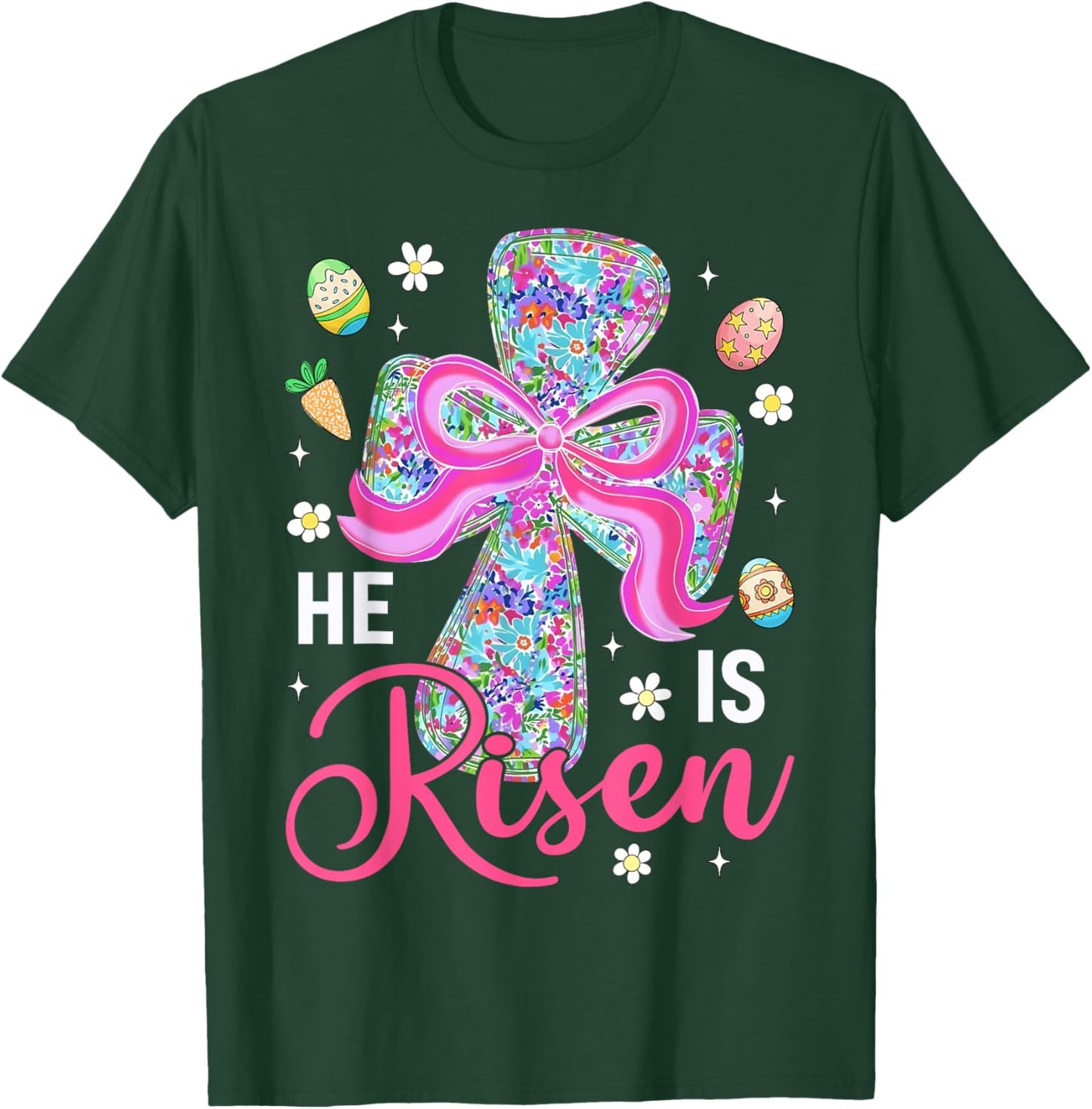 He is Risen Jesus Christian Cross Coquette Bow Easter Bunny T-Shirt - T-Shirt | Forest