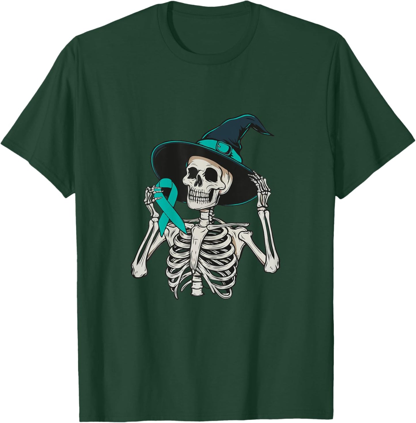 Teal Ribbon Peritoneal Cancer Awareness Skeleton Halloween T-Shirt - T-Shirt | Forest
