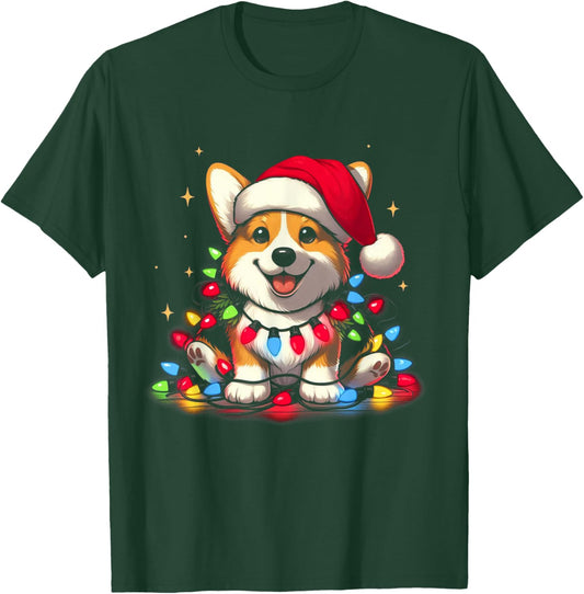Corgi Santa Christmas Tree Lights Boys Men Corgmas Dog T-Shirt - T-Shirt | Forest