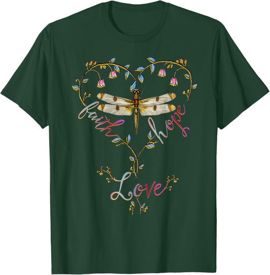 Faith Hope Love Dragonfly Heart Religious Jesus Christian T-Shirt - T-Shirt | Forest