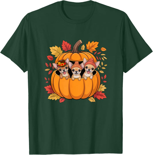 Three Cute Chihuahuas Inside Pumpkin Thanksgiving Autumn T-Shirt - T-Shirt | Forest