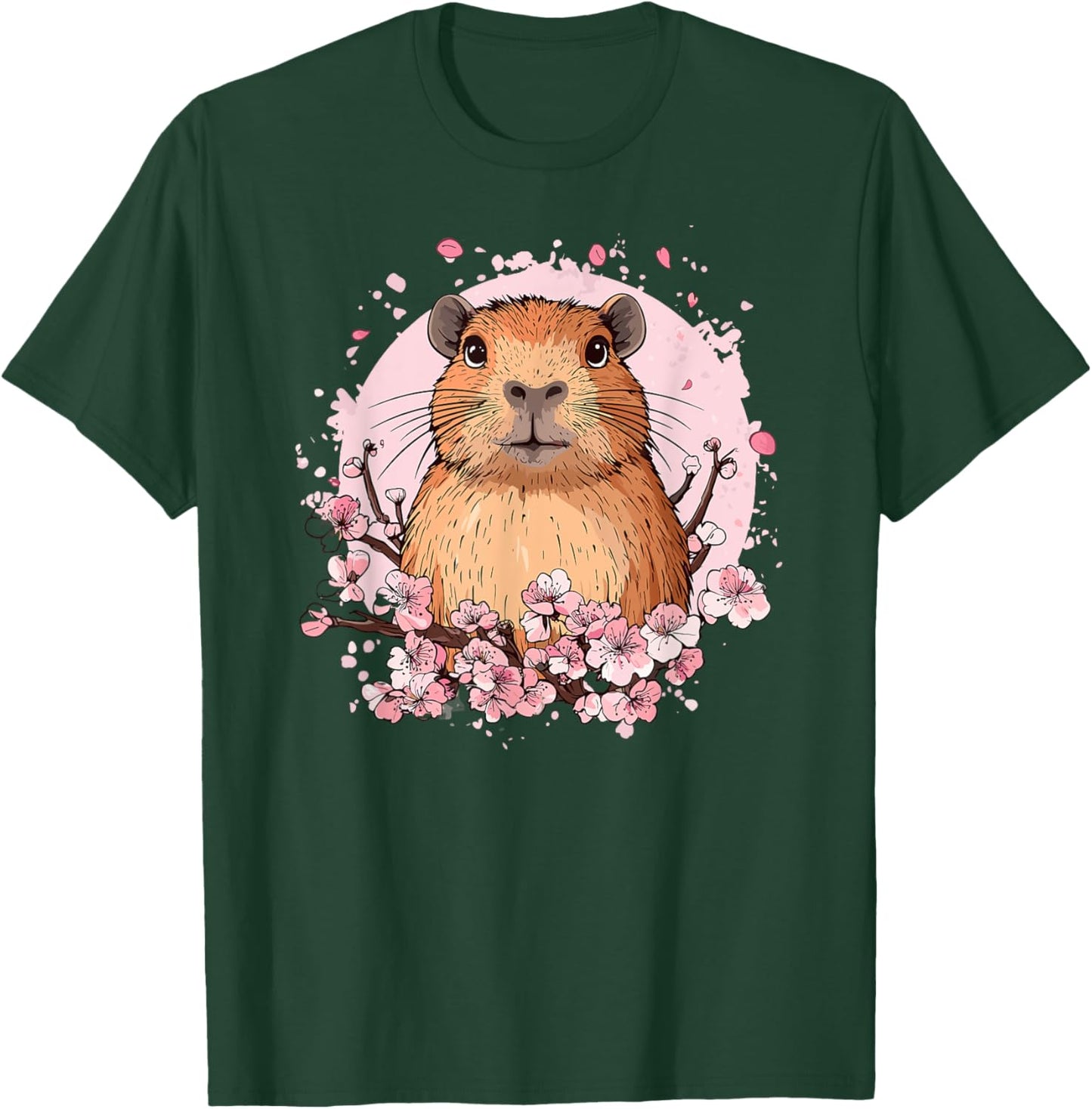 Capybara Surrounded by Pink Cherry Blossoms T-Shirt - T-Shirt | Forest