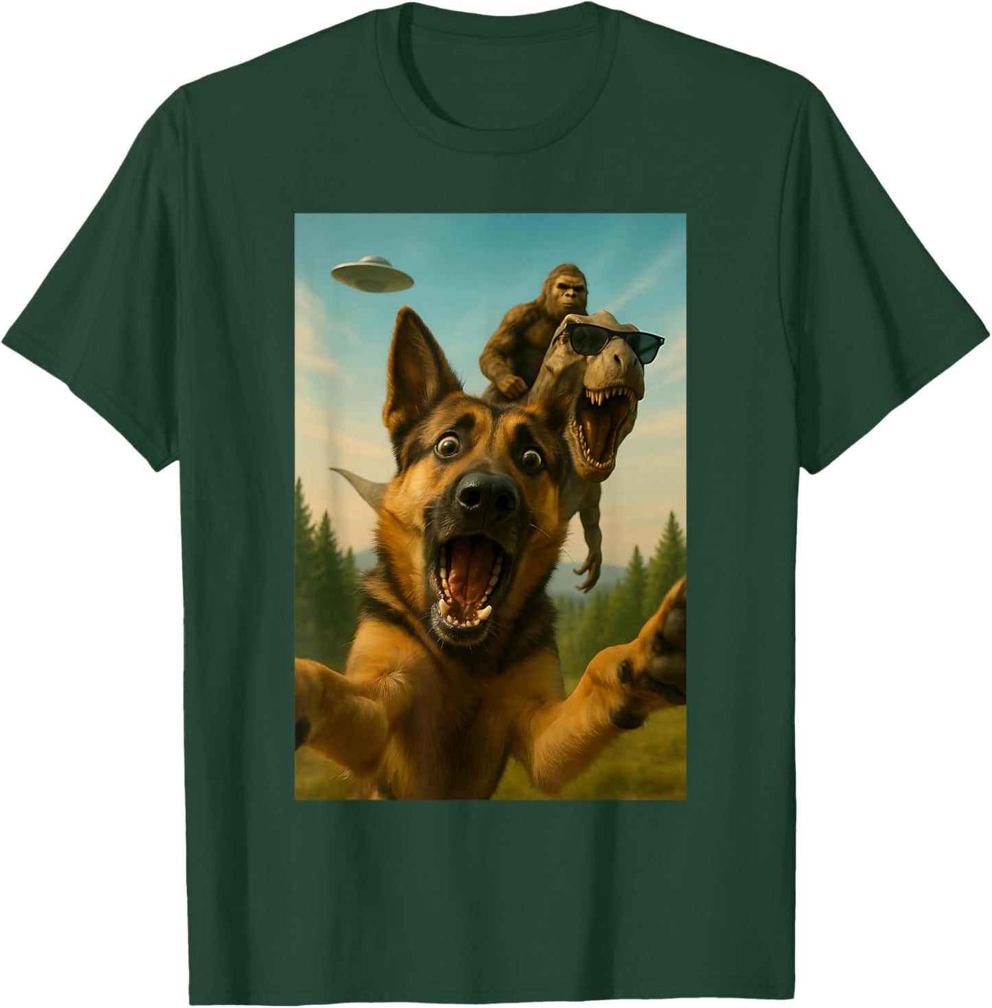Shocked German Shepherd T-Rex Bigfoot UFO Selfie Design T-Shirt - T-Shirt | Forest