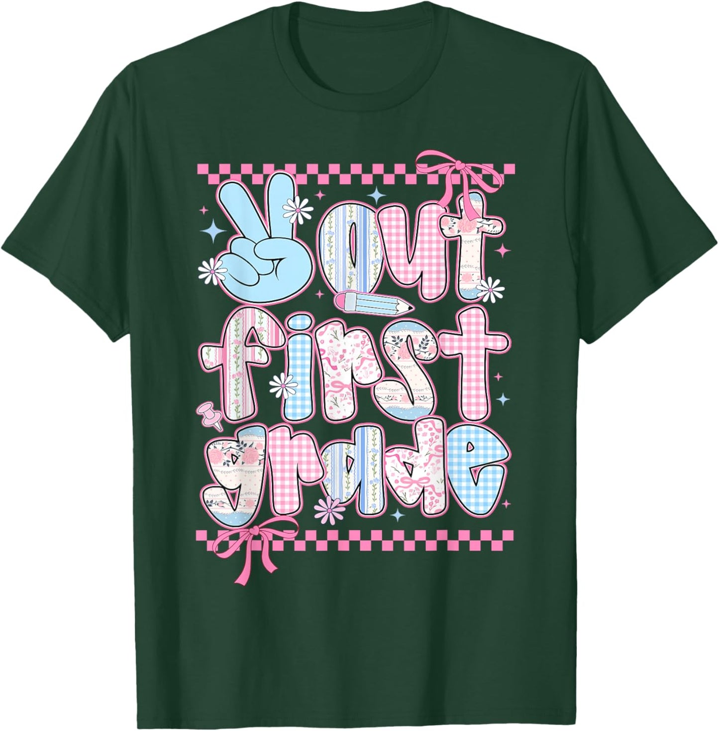 Peace Out First Grade Happy Last Day of School Coquette Bow T-Shirt - T-Shirt | Forest