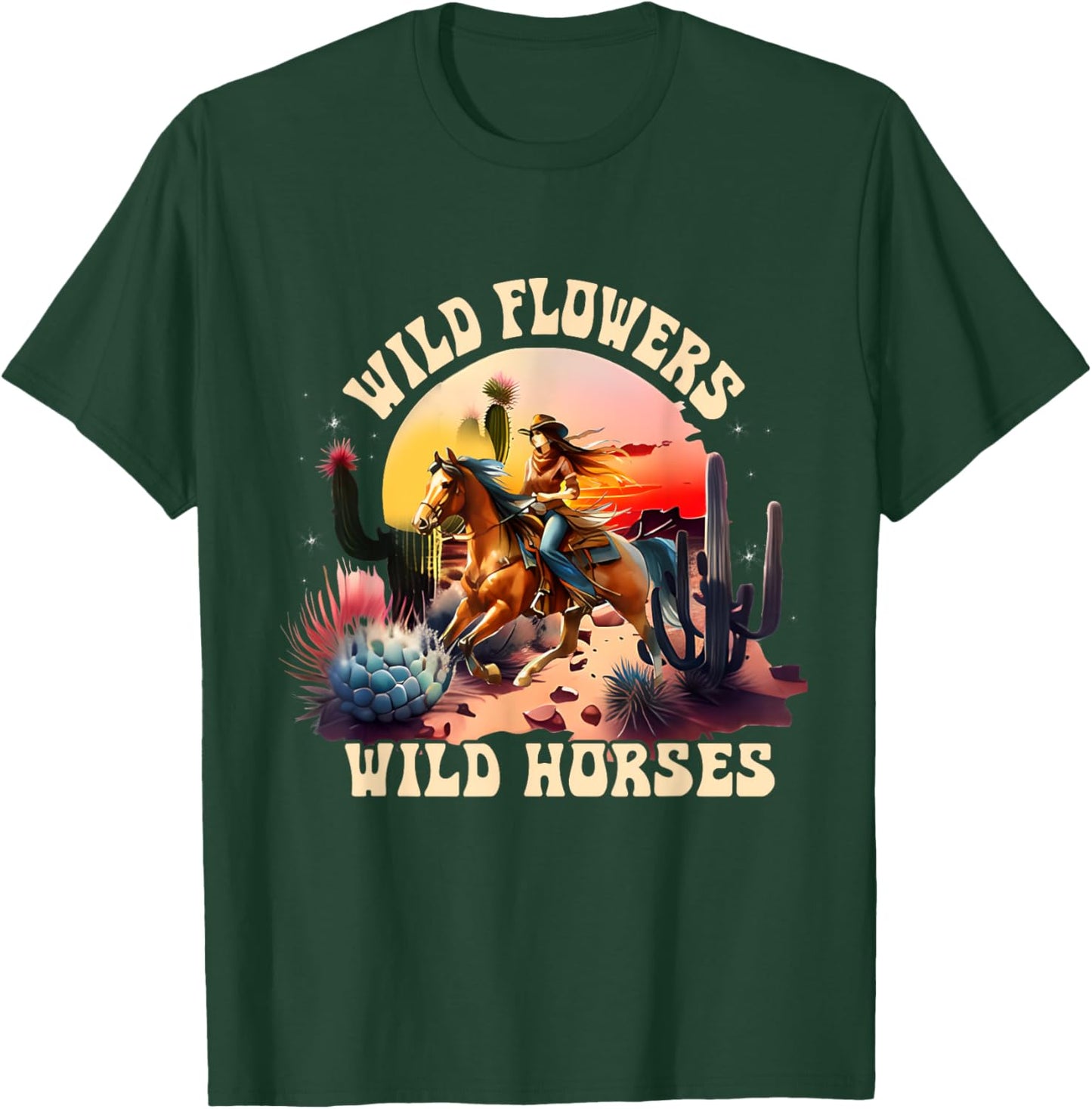 Sunset Cowgirl Riding Horse Wild Flowers - Wild Horses T-Shirt - T-Shirt | Forest