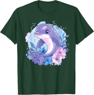 Adorable Dolphin Surrounded By Flowers T-Shirt - T-Shirt | Forest
